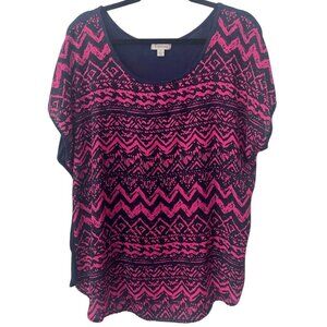 Dolman Magenta and Navy Blouse Chiffon Front with Jersey Knot Back Size 2X